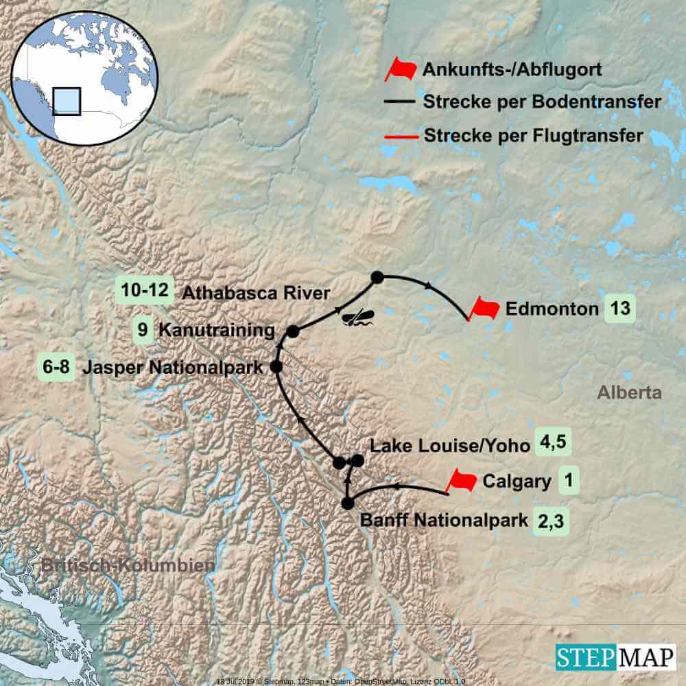 Route Aktivreise Kanada, mit dem Kanu durch Kanada, Wanderreise Kanada Reiseverlauf