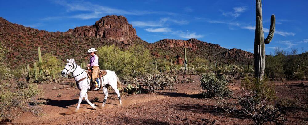Ausritt eines Cowgirls durch Wüstenlandschaft mit Kakteen und Bergen beim Ranchurlaub in Arizona.