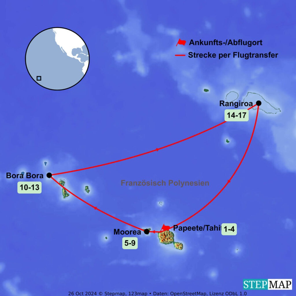 Landkarte Polynesien Inselhopping, Streckenverlauf Inselhüpfen