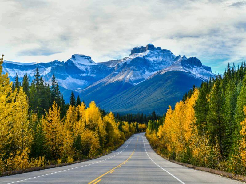 Roadtrip auf dem Icefield Parkway in Kanada mit Blick auf die Rocky Mountains und Wildnis