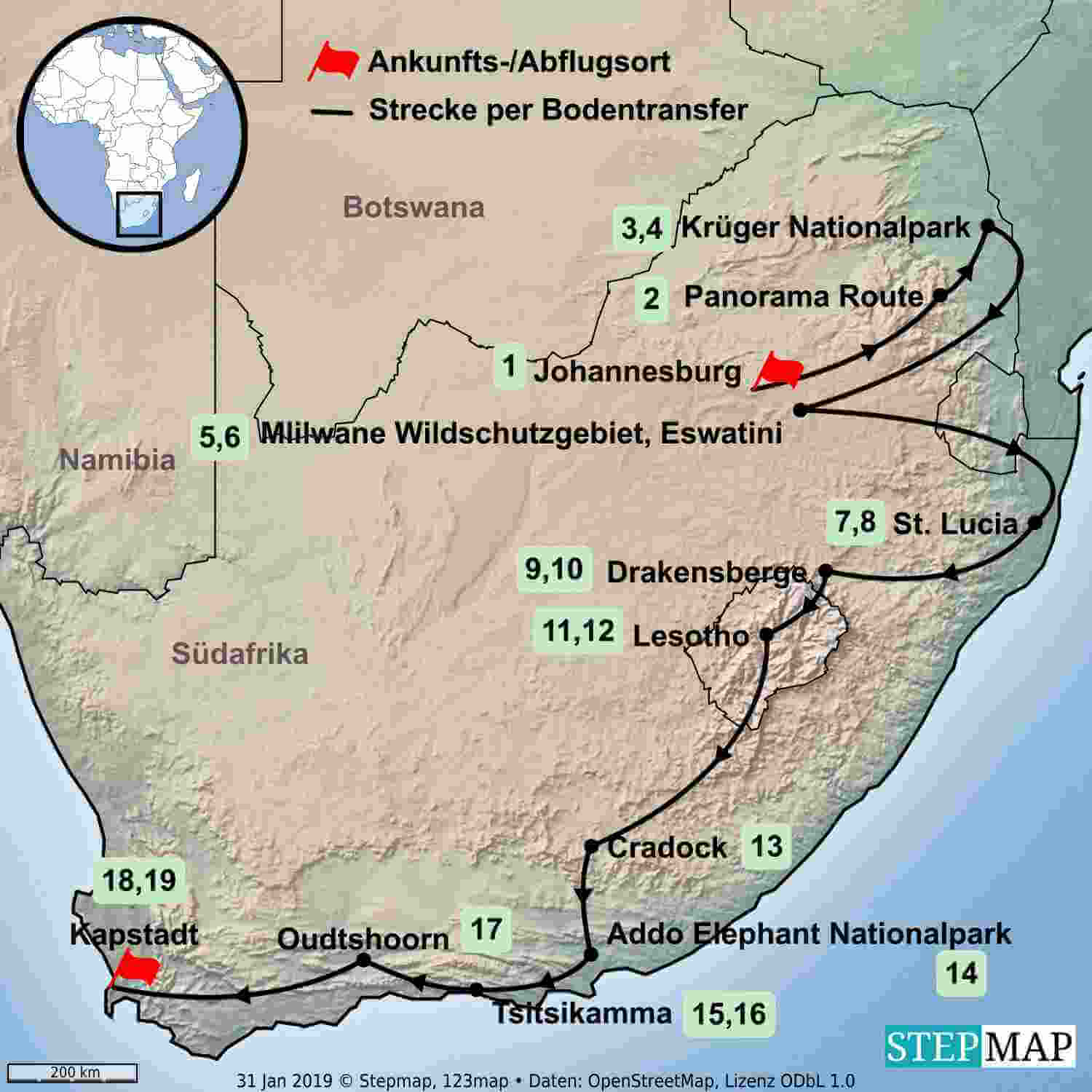 Südafrika Reise Reiseverlauf, Reiseroute Südafrika Erlebnisreise