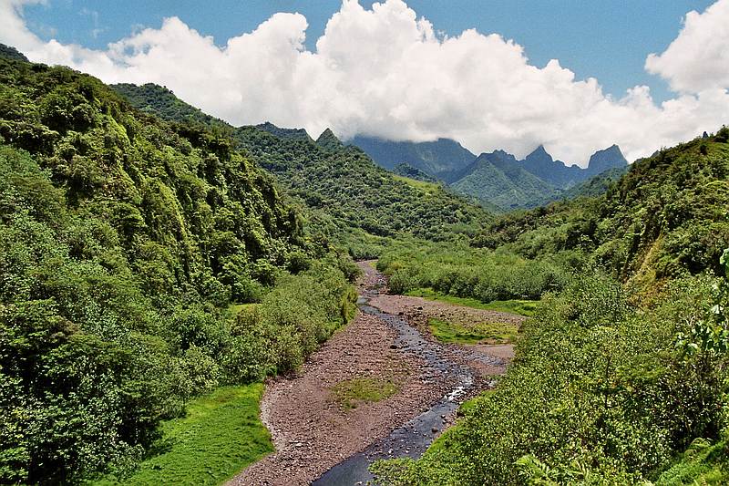 Flussbett umgeben von grünen Bergen im Inland von Tahiti bei einer Wanderung