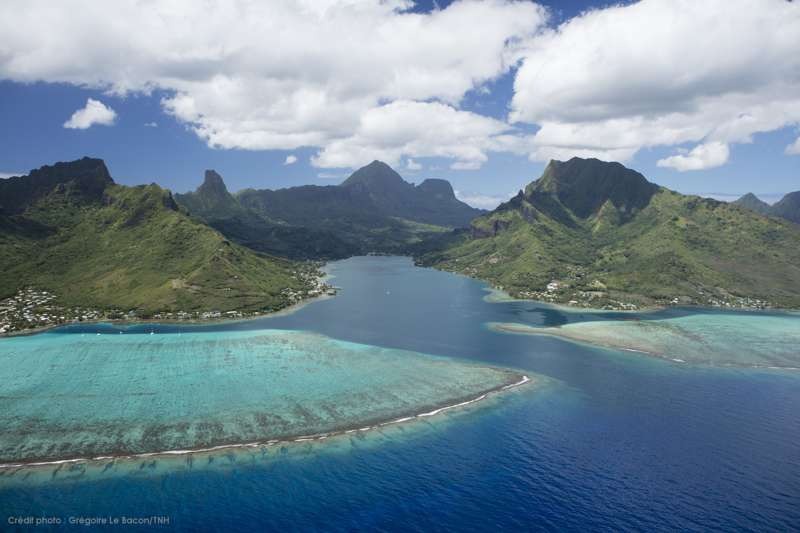 Anflug auf Moorea beim Inselhüpfen in Polynesien mit Blick auf die Lagune